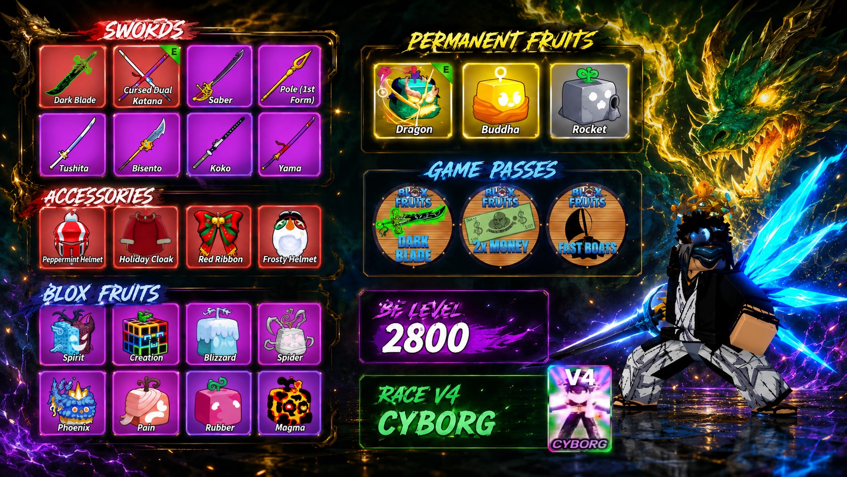BF Level : 2800 | ผลถาวร : มังกร + พระ | เกมพาส : ดาบโยรุ + 2x เงิน + เรือเร็ว | เผ่าV4 : ไซบอร์ก | (ขาดหมัดGod)